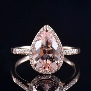 Authentic 2Ct Pear Cut Simulated Morganite Wedding Band Ring 14k Rose Gold Plated