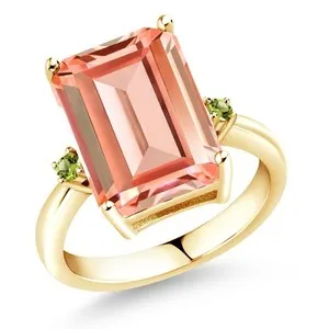 Authentic 18K Yellow Gold Plated Silver Peach Nano Morganite and Peridot Ring For Women