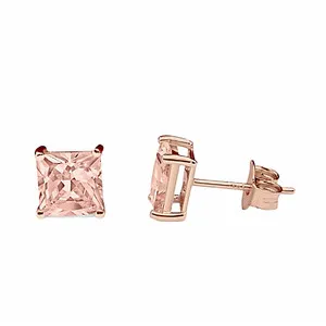 Authentic .75 ct. Peach Morganite Princess Stud Earrings - 14k Rose Gold plated Silver