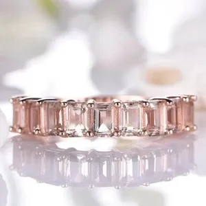Authentic 2Ct Emerald Cut Lab-Created Morganite Wedding Band Ring In 14k Rose Gold Plated
