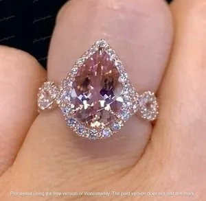 Authentic The Roseate Dawn Amulet - 3Ct Pear Simulated Morganite and 14k Rose Gold Plated Halo Ring