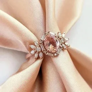 Authentic 2Ct Oval Cut Lab-Created Morganite Engagement Ring 14k Rose Gold Plated Silver