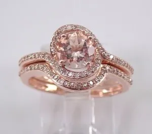 Authentic 2Ct Round Lab-Created Morganite Halo Bridal Engagement Ring 14K Rose Gold Plated