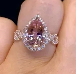 Authentic 3Ct Pear Lab-Created Morganite Halo Women's Engagement Ring 14k Rose Gold Plated