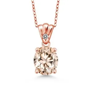 Authentic 3.23 Ct Oval Peach Morganite White Diamond 18K Rose Gold Plated Silver Pendant