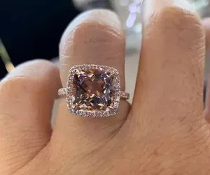 Authentic Simulated Morganite 3Ct Cushion Cut Halo Engagement Ring 14k Rose Gold Plated