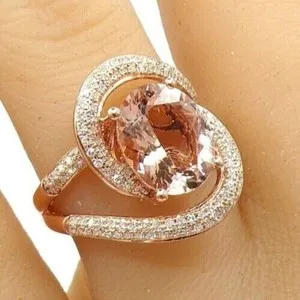 Authentic 3Ct Oval Cut Lab-Created Morganite 14K Rose Gold Plated Cluster Wedding Ring