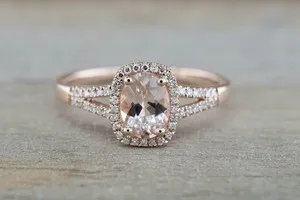 Authentic 1.7ct Natural Morganite Engagement Ring 14k Rose Gold Plated Halo Split Shank