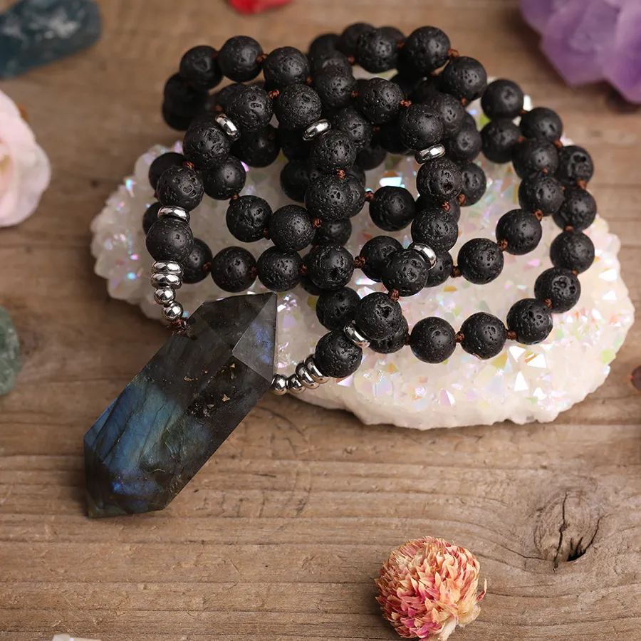 Authentic Natural Flash Labradorite Stone Double Point Beads Pendant 8mm Black Lava Beads Knotted Mala Necklace For Women Yoga Jewerly