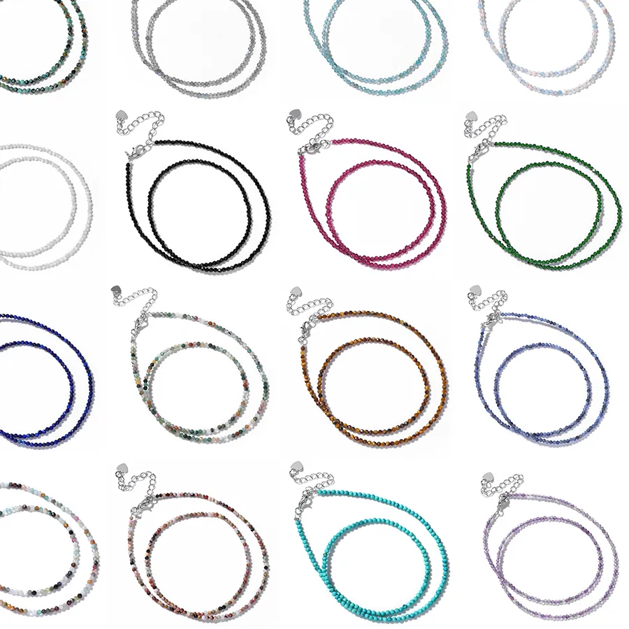 Authentic 2mm Natural Stone Beads Necklaces For Women Men Faceted Moonstone Labradorite Indian Agates Turquoises Crystal Clavicle Chain