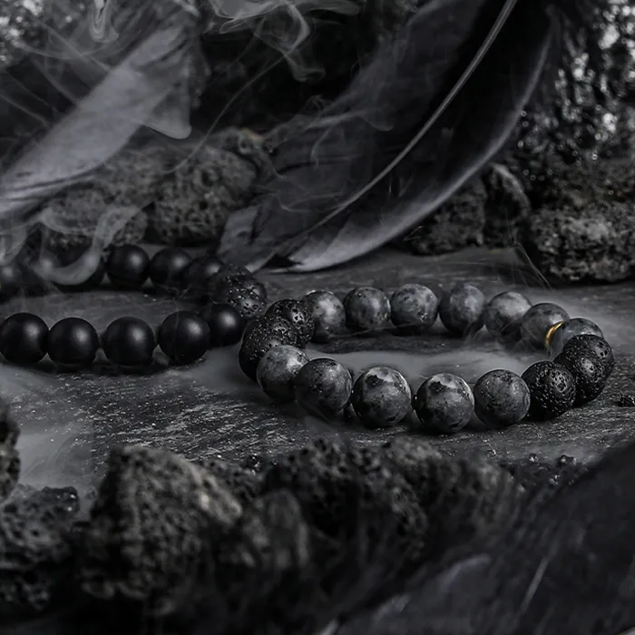 Authentic Dark Series Black Natural Labradorite Moonstone Bead Bracelet Homme Volcanic Onyx Stone Elastic Handmade Jewelry