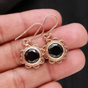 Authentic Natural Black Onyx Round Dangle Earrings Rose Gold Plated Solid Silver Jewelry