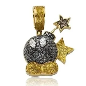 Authentic 1.50Ct Round Cut Black Onyx Yellow Bomb Charm Pendant 14K Yellow Gold Plated