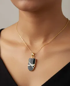 Authentic Black Onyx Kintsugi Necklace: 22k Gold Plated Statement Pendant, Wabi Sabi Art