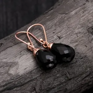 Authentic Natural Black Onyx Teardrop Dangle Earrings Rose Gold Fill Solid Silver Jewelry