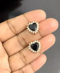 Authentic 2Ct Heart Cut Lab Created Onyx Diamond Women Stud Earring 14k Yellow Gold Plated
