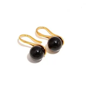 Authentic Natural Black Onyx Ball Dangle Earrings Gold Plated 925 Sterling Silver Jewelry