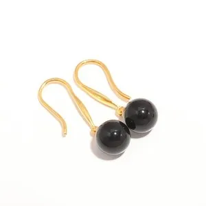 Authentic Natural Black Onyx Ball Dangle Earrings Gold Plated 925 Sterling Silver Jewelry
