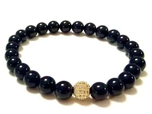 Authentic Handmade 8mm Onyx & 18k Gold Plated Cubic Zirconia Beaded Bracelet