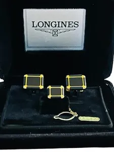 Authentic Longines Black Onyx Gold Plated Cufflinks and Tie Tack Pin in Box