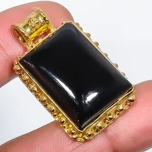 Authentic Natural Black Onyx Gold Plated Pendant 1.37" P7622-58