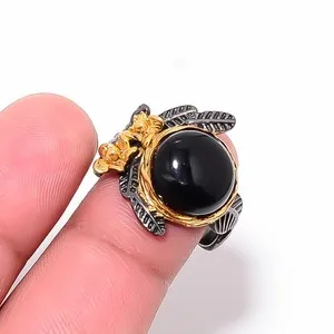 Authentic Black Onyx - Brazil Black And Gold Plated 925 Sterling Silver Ring S.8 R87327