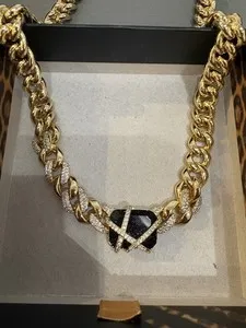 Authentic Gold Plated Black Lab-Created Onyx Pendant Curb Link Necklace 18" NK84194