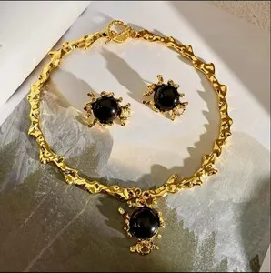 Authentic 18K Gold-Plated Black Onyx Baroque Jewelry Set
