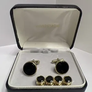 Authentic NORDSTROM BLACK ONYX GOLD PLATED CUFF LINK SET/CUFFLINKS+STUDS+BOX
