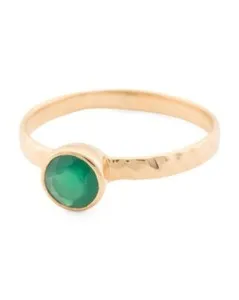 Authentic SHIVAM Ring 14K GOLD PLATED Sterling Silver Bezel Green Onyx Hammered 925 NWT 7