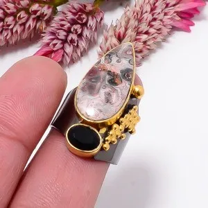Authentic Cosmic Anchor Asteroid Jasper and Black Onyx Gold Plated Ring - Size 6