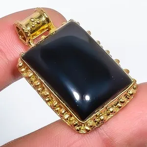 Authentic Natural Black Onyx Gemstone 925 Silver Gold Plated Pendant 1.37" P7622-556