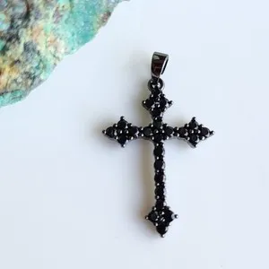 Authentic Black Onyx CROSS 0.7x1.2'' WB Pendant free chain Black Gold-Plated