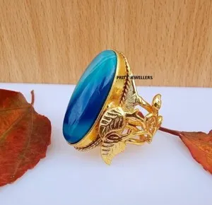 Authentic Blue Onyx Gold Plated Ring, Handmade Large Unic Design Gold Plating Ring