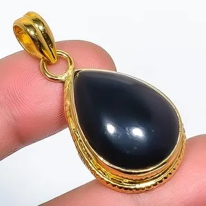 Authentic Natural Black Onyx Gemstone 925 Silver Gold Plated Pendant 1.56" P7622-603