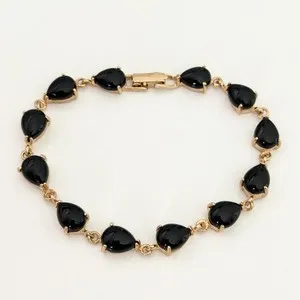 Authentic Ladies Black Onyx Cabochon Pear Teardrop Gold Plated Tennis Bracelet 6.75"