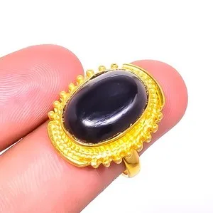 Authentic Natural Black Onyx Gemstone 18k Yellow Gold Plated Ring s.8 R623-255