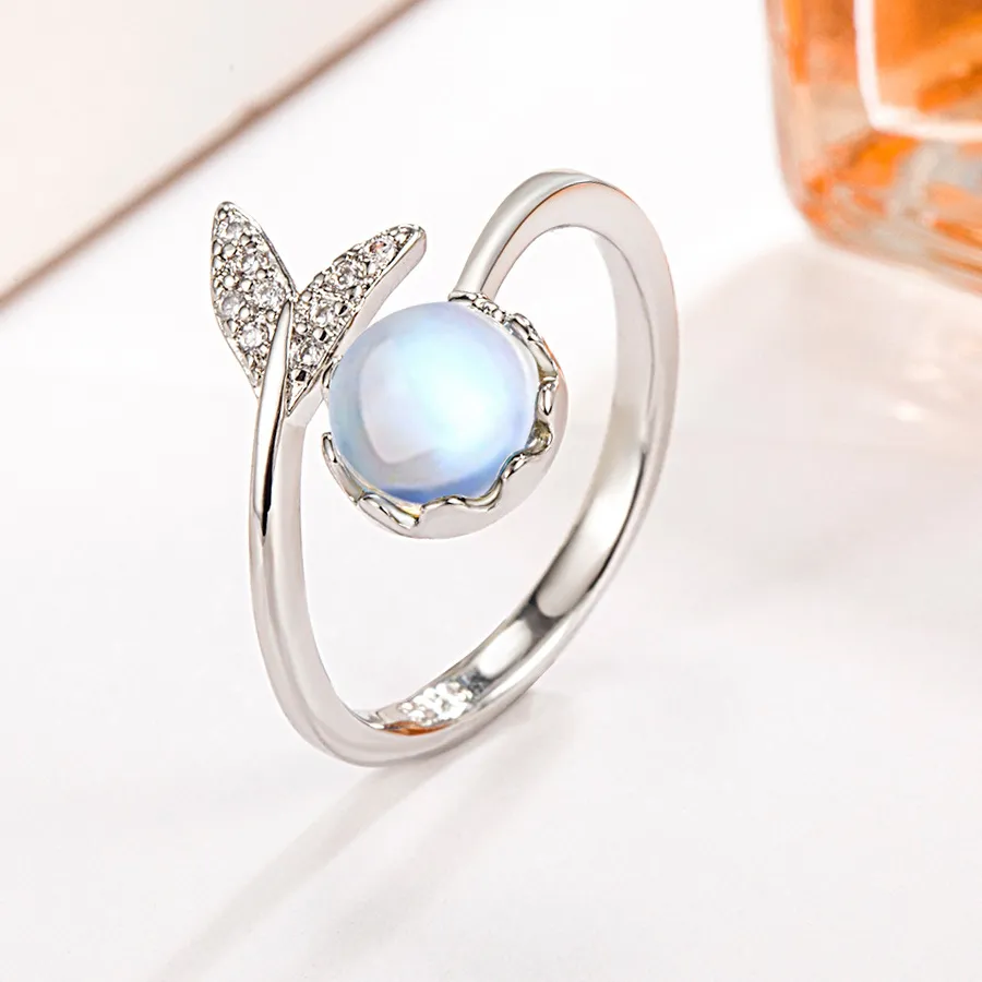 Authentic 925 Sterling Silver Moonstone Fish Tail Open Women's Ring Wedding Luxury Fine Jewelry Accessories GaaBou Jewellery