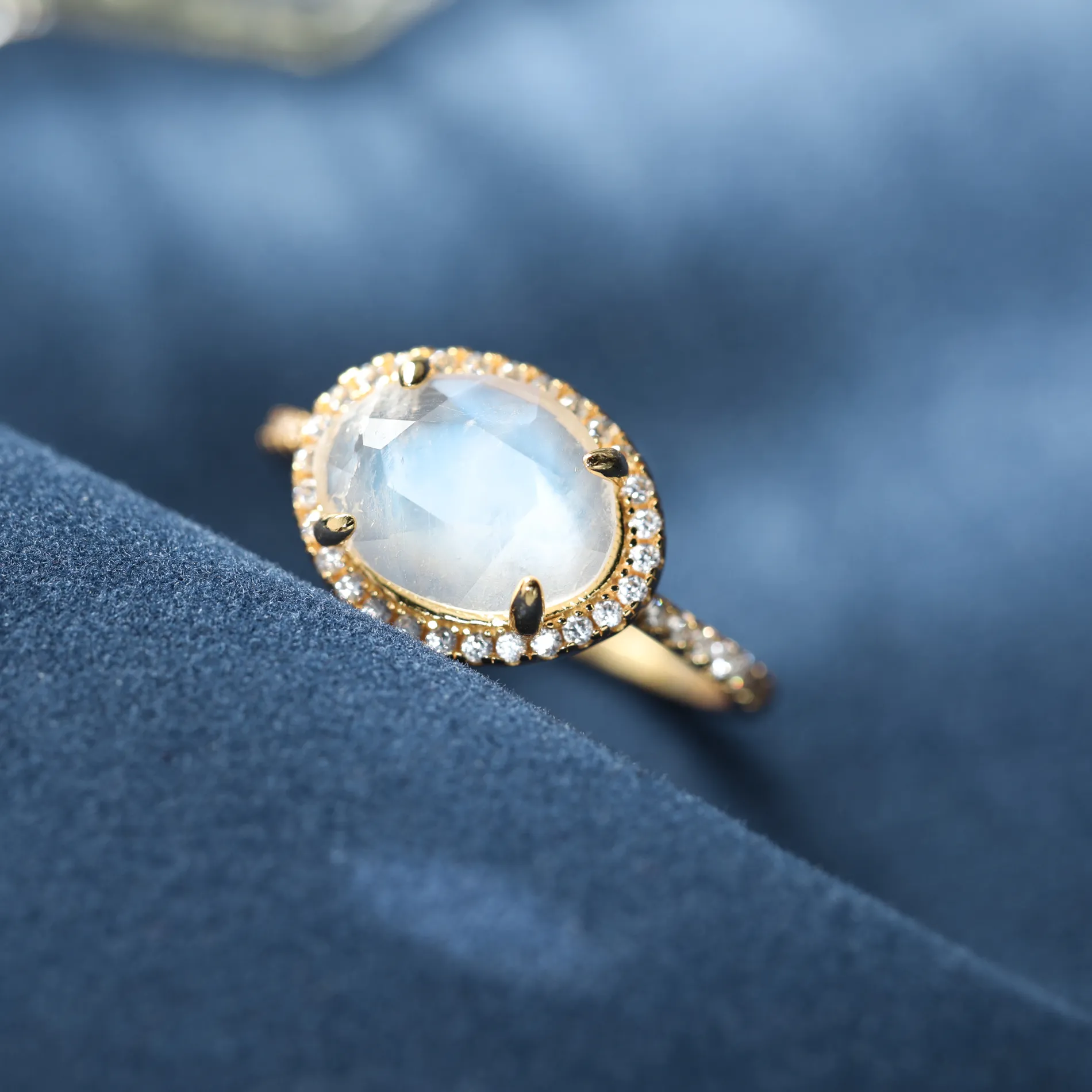 Authentic The Lunar Tide Sterling Silver Moonstone Halo Ring
