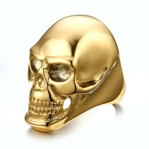 Authentic Mens Gothic Biker Big Heavy Skull Black Gold Plated Ring Band