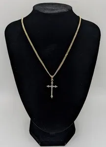 Authentic 18" Gold Plated Gothic Ornate Cross Pendant Marquise CZ Filigree Curb Chain