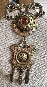 Authentic Crimson Heartbeat Vintage Revival Gothic Gold Plated Dangle Pin - Bloodstone & Fire Talisman