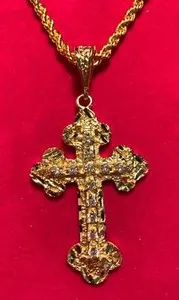 Authentic Gothic Sanctuary Cross - Radiant 14KT Gold Plated CZ Bling Talisman with Rope Chain