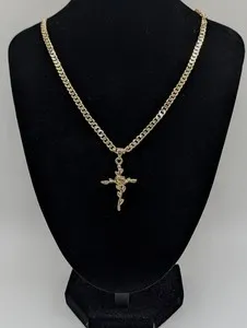 Authentic 18" Gold Plated Thick Curb Chain Necklace Rose & Cross Pendant Floral Gothic