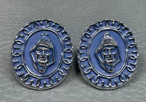 Authentic The Veiled Guardian: Vintage Blue Enamel Gothic Hooded Man White Gold-Plated Cuff Links