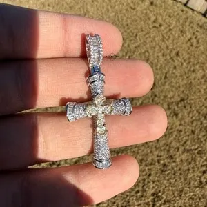 Authentic Gothic Cross Pendant Iced 14k 2 Tone Gold Plated CZ Religious + Rope Chain