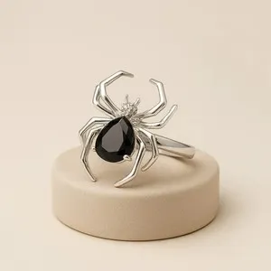 Authentic Halloween Gothic Spider Ring 14K White Gold Plated Pear 8X6 MM Lab Created Onyx