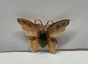 Authentic Nice INC Sterling Silver Gold Plated Butterfly Brooch 1.5” Green Stone/Jade Body