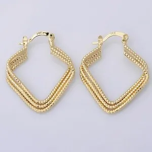 Authentic Nice 14K Yellow Gold Plated 1.25" Diamond Shaped Triple Rib Twist Hoop Earrings