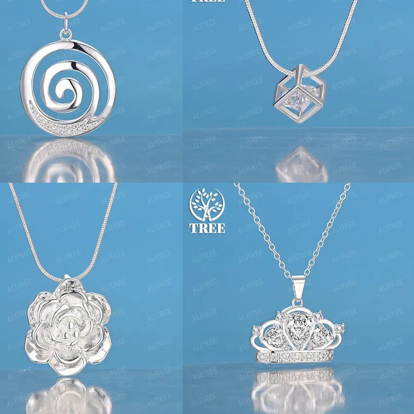 Authentic 925 Sterling Silver Crown Flower Square Round Spiral Pendant Necklace Women Wedding Party Noble Jewelry Nice Accessories